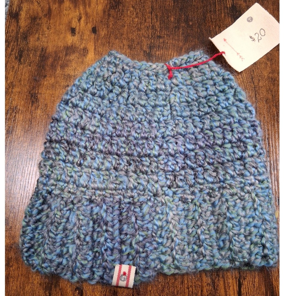NWT Handmade Crochet Messy Bun Beanie Blue Purple Variegated Ponytail Hat